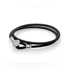Pandora Black Double Wrap Leather Bracelet w/ Silver & CZ Clasp Size D2 *New*
